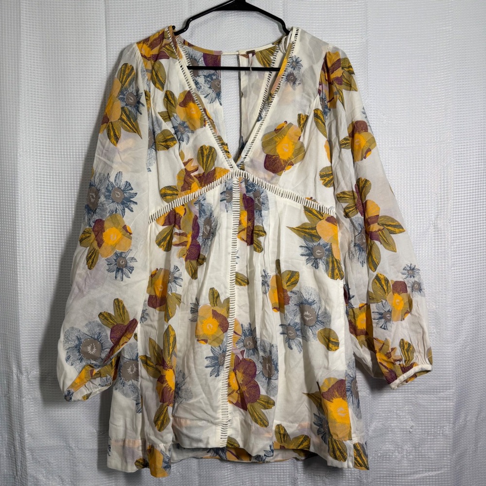 Free People Floral Mini Dress Cotton Rayon Ladder Lace Open Back Boho XS